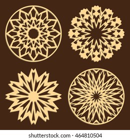 DIY laser cutting patterns. Jigsaw die cut ornaments. Islamic cutout silhouette stencils. Fretwork round panels. Vector coasters for paper cutting, scrapbook and woodcut.