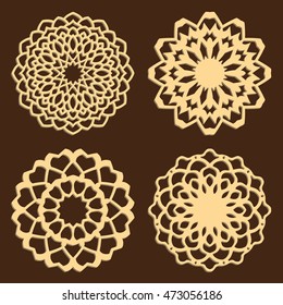 DIY laser cutting patterns. Jigsaw die cut ornaments. Islamic cutout silhouette stencils. Fretwork round panels. Vector coasters for paper cutting, scrapbook and woodcut.
