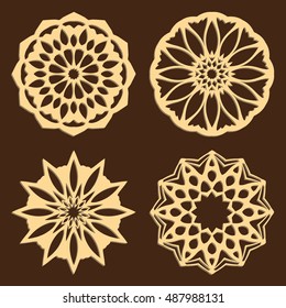 DIY laser cutting patterns. Jigsaw die cut ornaments. Islamic cutout silhouette stencils. Fretwork round panels. Vector coasters for paper cutting, scrapbook and woodcut.