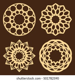 DIY laser cutting patterns. Jigsaw die cut ornaments. Islamic cutout silhouette stencils. Fretwork round panels. Vector coasters for paper cutting, scrapbook and woodcut.