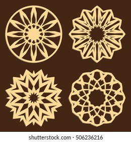 DIY laser cutting patterns. Jigsaw die cut ornaments. Islamic cutout silhouette stencils. Fretwork round panels. Vector coasters for paper cutting, scrapbook and woodcut.