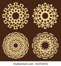 DIY laser cutting patterns. Jigsaw die cut ornaments. Islamic cutout silhouette stencils. Fretwork round panels. Vector coasters for paper cutting, scrapbook and woodcut.