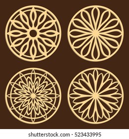 DIY laser cutting patterns. Jigsaw die cut ornaments. Islamic cutout silhouette stencils. Fretwork round panels. Vector coasters for paper cutting, scrapbook and woodcut.