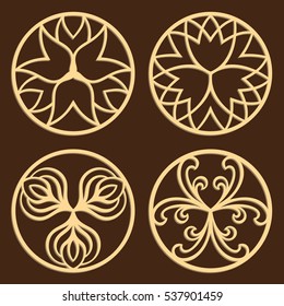 DIY laser cutting patterns. Jigsaw die cut ornaments. Islamic cutout silhouette stencils. Fretwork round panels. Vector trefoil coasters for paper cutting, scrapbook and woodcut.