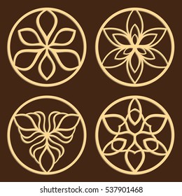 DIY laser cutting patterns. Jigsaw die cut ornaments. Islamic cutout silhouette stencils. Fretwork round panels. Vector trefoil coasters for paper cutting, scrapbook and woodcut.