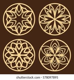 DIY laser cutting patterns. Jigsaw die cut ornaments. Islamic cutout silhouette stencils. Fretwork round panels. Vector coasters for paper cutting, scrapbook and woodcut.