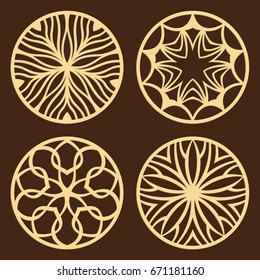 DIY laser cutting patterns. Jigsaw die cut ornaments. Islamic cutout silhouette stencils. Fretwork round panels. Vector coasters for paper cutting, scrapbook and woodcut.