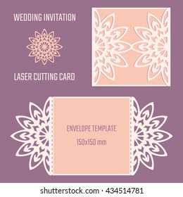 DIY laser cutting vector envelope. Wedding die cut invitation template. Cutout silhouette card.