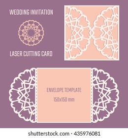 DIY laser cutting vector envelope. Wedding die cut invitation template. Cutout silhouette card.