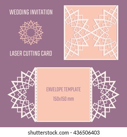 DIY laser cutting vector envelope. Wedding die cut invitation template. Cutout silhouette card.