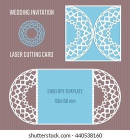 DIY laser cutting vector envelope. Wedding die cut invitation template. Paper cutting.