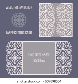 DIY laser cutting vector envelope. Wedding die cut invitation template. Cutout silhouette card. Scrapbook carved paperwork. Floral layout.