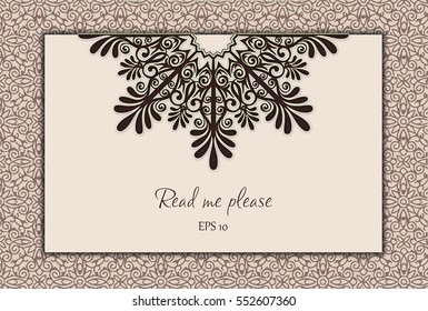 DIY laser cutting vector envelope. Wedding die cut invitation template. Cutout silhouette card. Scrapbook carved paperwork. Floral layout. Wedding Invitation or greeting card with floral mandala.