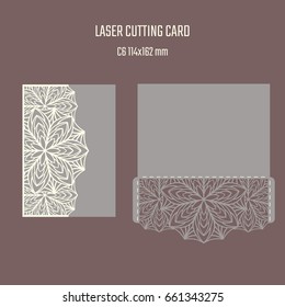 DIY laser cutting vector envelope. Wedding die cut invitation template. Cutout silhouette card. Scrapbook carved paperwork. Floral layout.