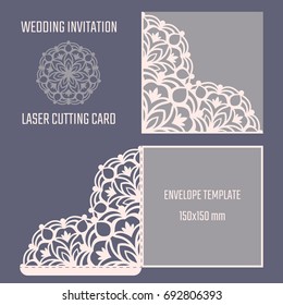 DIY laser cutting vector envelope. Wedding die cut invitation template. Cutout silhouette card. Scrapbook carved paperwork. Floral layout.