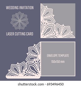 DIY laser cutting vector envelope. Wedding die cut invitation template. Cutout silhouette card. Scrapbook carved paperwork. Floral layout.