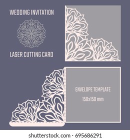 DIY laser cutting vector envelope. Wedding die cut invitation template. Cutout silhouette card. Scrapbook carved paperwork. Floral layout.