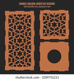 DIY Laser Cutting Vector Scheme for Candle Holder. Woodcut Lantern plywood 3mm. Oriental Floral design.