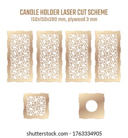 DIY Laser Cutting Vector Scheme for Candle Holder. Woodcut Lantern plywood 3mm. Oriental Floral design.