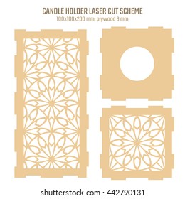 DIY Laser Cutting Vector Scheme for Candle Holder. Woodcut Lantern plywood 3mm. Oriental Geometric design.