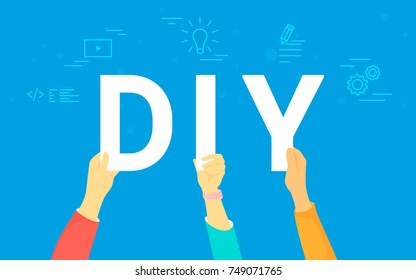 DIY letters vector illustration of happy people providing do it yourself concept. Flat human hands hold white letters on blue background with social media icons such as video tutorials, skill sharing