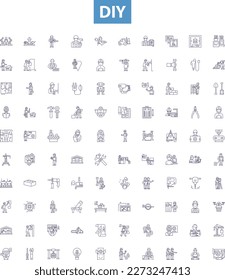 Diy line icons, signs set. DIY, Crafting, Homeimprovement, Repairs, Upcycling, Modification, Handyman, Woodworking, Restoration outline vector illustrations.