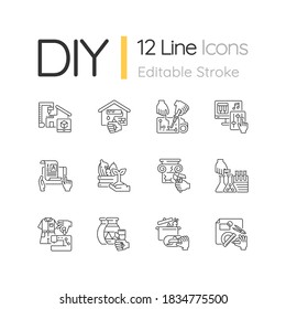 DIY linear icons set. 3D building model. House renovation. Electrical project. Professional service. Customizable thin line contour symbols. Isolated vector outline illustrations. Editable stroke