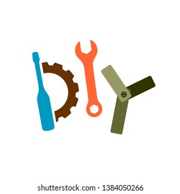 DIY logo with tools. Wrench, screwdriver, gear and joint construction as letters D, I and Y. DIY store or other appliance symbol. 