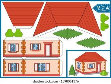 Diy Miniature. Cut and glue the paper a house. Children craft worksheet. Art game. Kids crafts activity page. Create paper toys. 3d gaming puzzle. Birthday decor. Vector illustration.