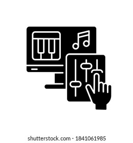 DIY music black glyph icon. Professional composer. Computer software for musical arrangement. Record audio. Write and play mp3. Silhouette symbol on white space. Vector isolated illustration