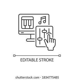 DIY music linear icon. Professional composer. Computer software for musical arrangement. Thin line customizable illustration. Contour symbol. Vector isolated outline drawing. Editable stroke
