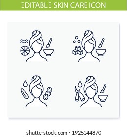 DIY natural skincare line icons set. Consists of facial masks. Facial beauty treatment. Organic care concept. Isolated vector illustrations.Editable stroke