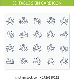 DIY natural skincare line icons set. Consists of facial masks, hair care, lip care, essential oil bath etc. Facial beauty treatment. Organic care concept. Isolated vector illustrations.Editable stroke