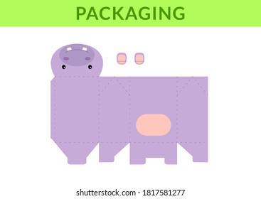 DIY party favor box for birthdays, baby showers with cute hippo for sweets, candies, small presents, bakery. Retail box blueprint template. Print, cutout, fold, glue. Vector stock illustration