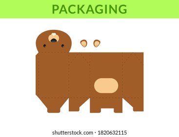 DIY party favor box for birthdays, baby showers with cute beaver for sweets, candies, small presents, bakery. Retail box blueprint template. Print, cutout, fold, glue. Vector stock illustration