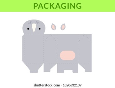 DIY party favor box for birthdays, baby showers with cute rhino for sweets, candies, small presents, bakery. Retail box blueprint template. Print, cutout, fold, glue. Vector stock illustration