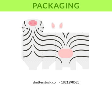 DIY Party Favor Box For Birthdays, Baby Showers With Cute Zebra For Sweets, Candies, Small Presents, Bakery. Retail Box Blueprint Template. Print, Cutout, Fold, Glue. Vector Stock Illustration