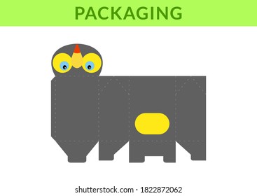 DIY party favor box for birthdays, baby showers with cute toucan for sweets, candies, small presents, bakery. Retail box blueprint template. Print, cutout, fold, glue. Vector stock illustration