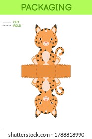DIY party favor box die cut template design for birthdays, baby showers with cute lynx for sweets, candies, small presents. Printable color scheme. Print, cut out, fold, glue. Vector illustration