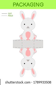 DIY party favor box die cut template design for birthdays, baby showers with cute rabbit for sweets, candies, small presents. Printable color scheme. Print, cut out, fold, glue. Vector illustration