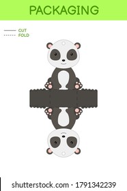 DIY Party Gefallen Box die Schnitt Template Design für Geburtstage, Baby Duschen mit süßen Panda für Süßigkeiten, Bonbons, kleine Geschenke. Druckbares Farbschema. Drucken, schneiden, falten, Kleben. Vektorgrafik