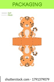 DIY party favor box die cut template design for birthdays, baby showers with cute tiger for sweets, candies, small presents. Printable color scheme. Print, cut out, fold, glue. Vector illustration