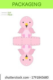 DIY party favor box die cut template design for birthdays, baby showers with cute flamingo for sweets, candies, small presents. Printable color scheme. Print, cut out, fold, glue. Vector illustration