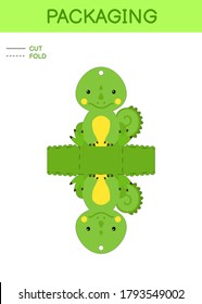 DIY party favor box die cut template design for birthdays, baby showers with cute iguana for sweets, candies, small presents. Printable color scheme. Print, cut out, fold, glue. Vector illustration