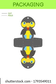 DIY party favor box die cut template design for birthdays, baby showers with cute toucan for sweets, candies, small presents. Printable color scheme. Print, cut out, fold, glue. Vector illustration