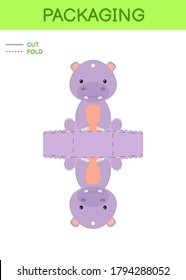 DIY party favor box die cut template design for birthdays, baby showers with cute hippo for sweets, candies, small presents. Printable color scheme. Print, cut out, fold, glue. Vector illustration