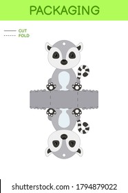 DIY party favor box die cut template design for birthdays, baby showers with cute lemur for sweets, candies, small presents. Printable color scheme. Print, cut out, fold, glue. Vector illustration