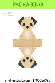 DIY party favor box die cut template design for birthdays, baby showers with cute pug dog for sweets, candies, small presents. Printable color scheme. Print, cut out, fold, glue. Vector illustration