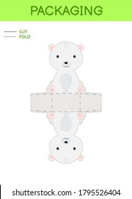 DIY party favor box die cut template design for birthdays baby showers with cute polar bear for sweets, candies, small presents. Printable color scheme. Print, cut out, fold, glue. Vector illustration