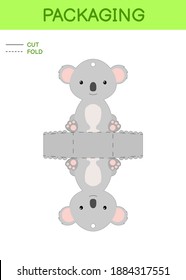 DIY party favor box die cut template design for birthdays, baby showers with cute koala for sweets, candies, small presents. Printable color scheme. Print, cut out, fold, glue. Vector illustration